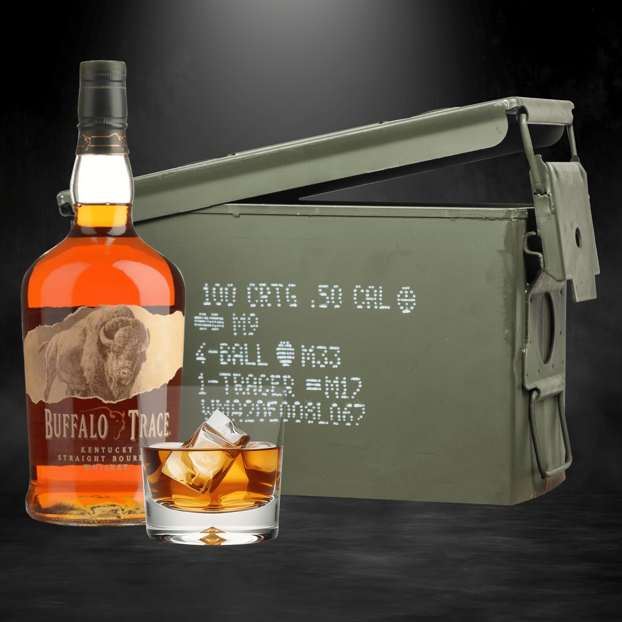 Buffalo Trace bourbon bottle inside authentic ammo can gift set